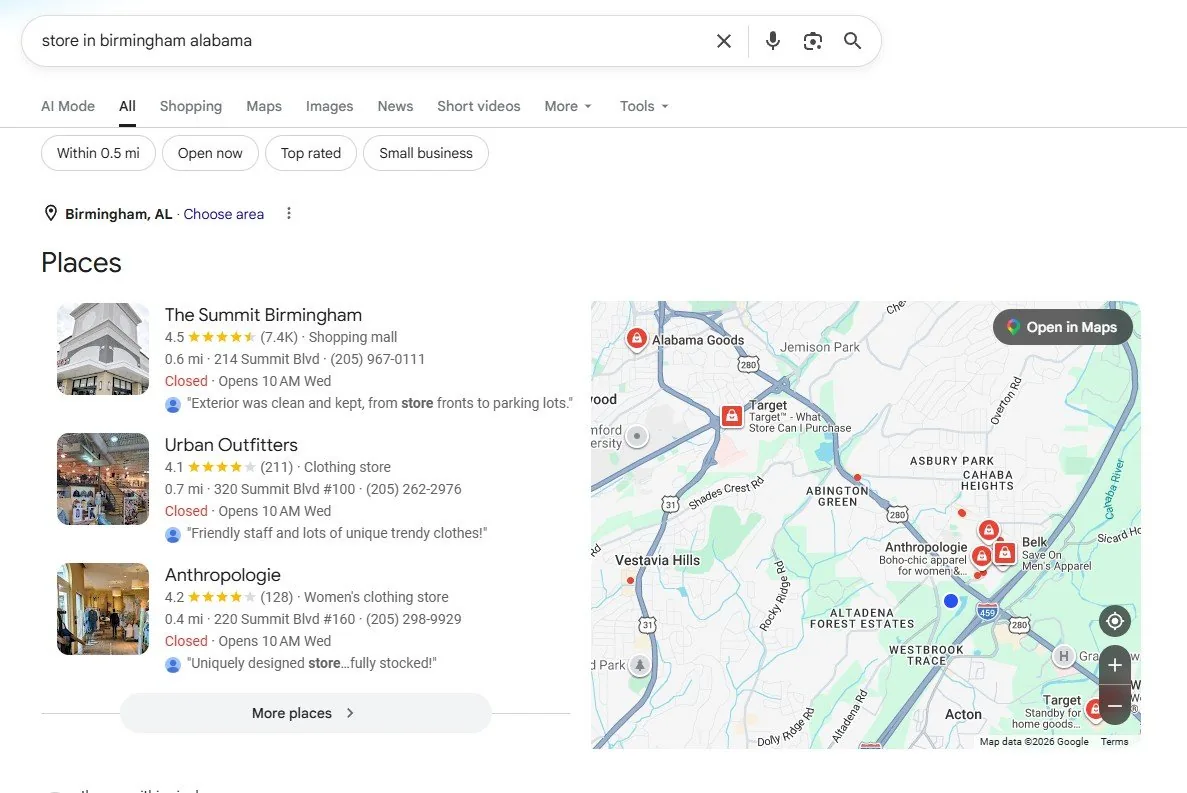 Google search results page for a Birmingham, Alabama business