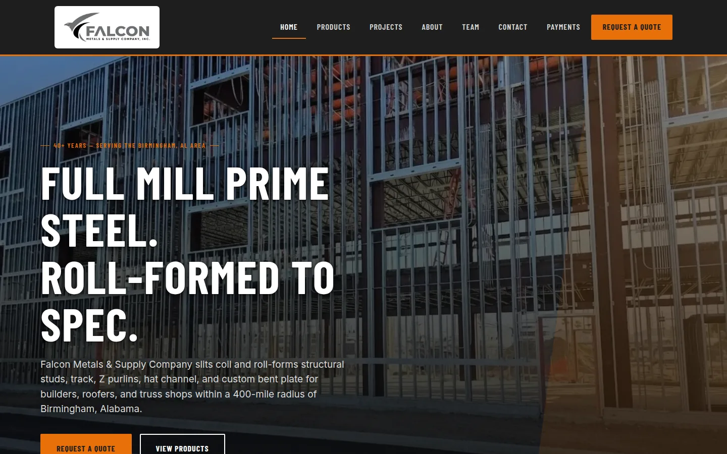 Falcon Metals and Supply Company website, steel coil and roll forming in Birmingham AL